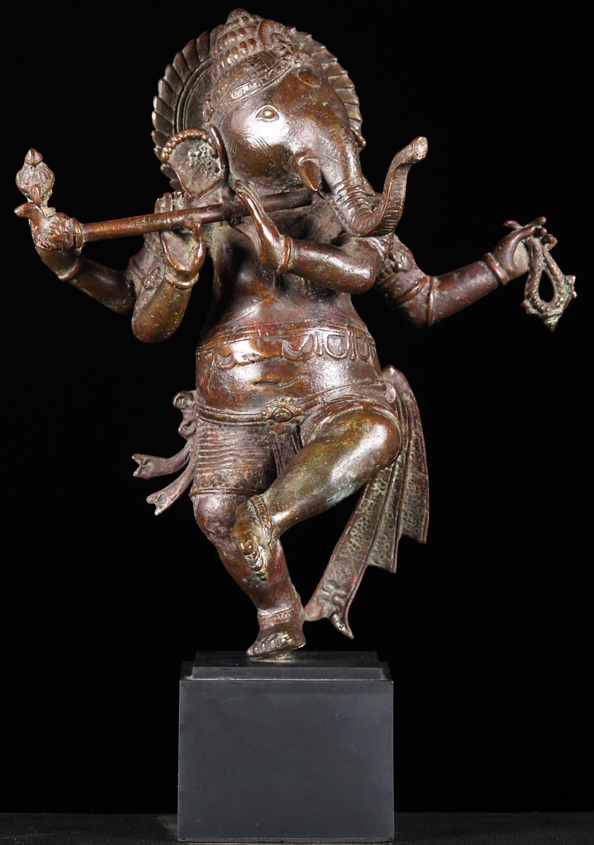 Brass Dancing Ganesh Playing Flute 22"